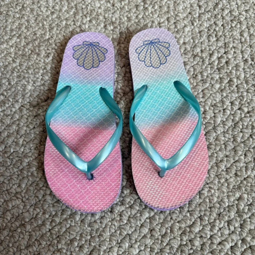 Girls Mermaid Ombre Flip Flops‎ Pink Teal Purple Seashell Sandals Size 3/4